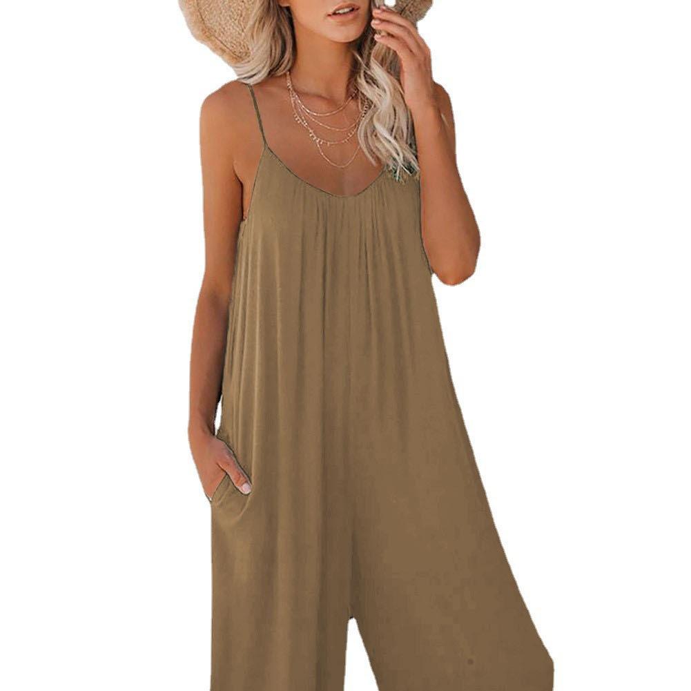 2026 Sommer Damen einfarbiger Jumpsuit mit aufgesetzten Taschen und Trägern - Lockere lässige Passform lange Hosen