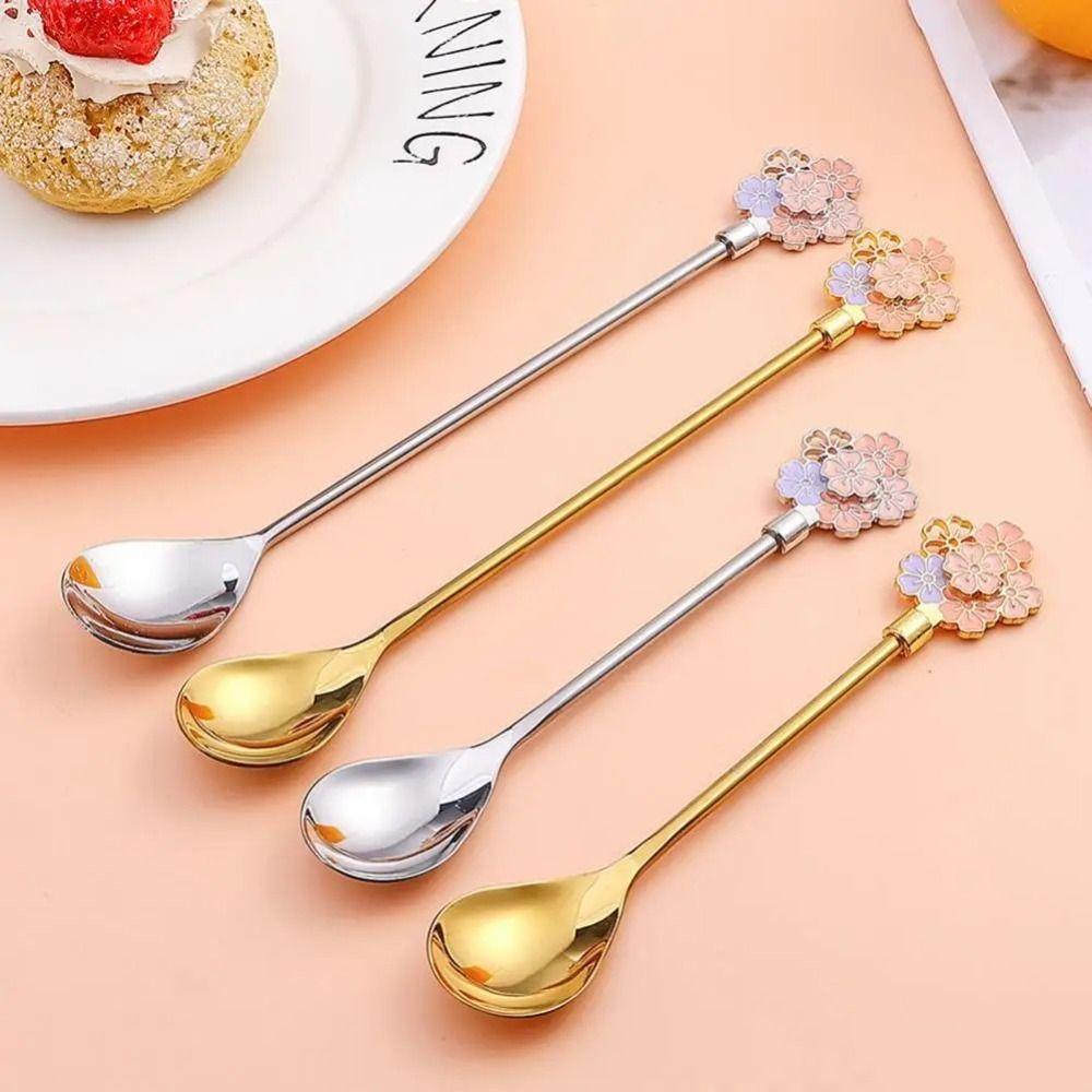 Cherry Blossoms Espresso Spoon Long Handle Ice Spoon Coffee Dessert Spoon  Dessert