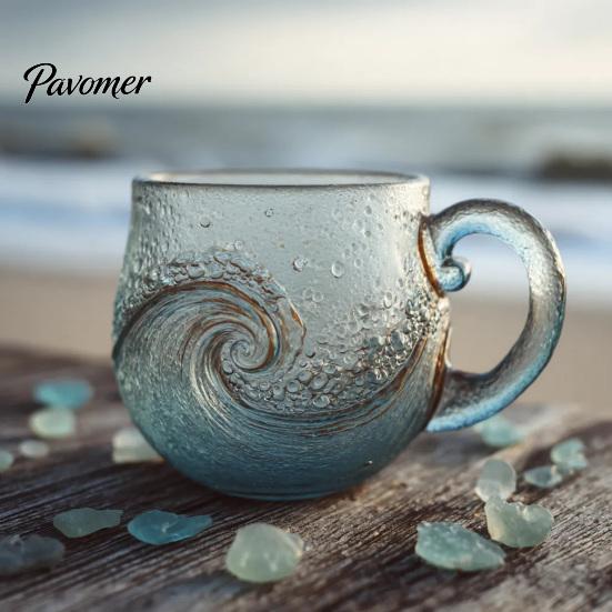 Non-slip Handle Cup Sea Glass Sunset Mug Thickened with Wave Texture Gradient Color Drinking Water Non-Slip Glassware for Coffee Juice Iced