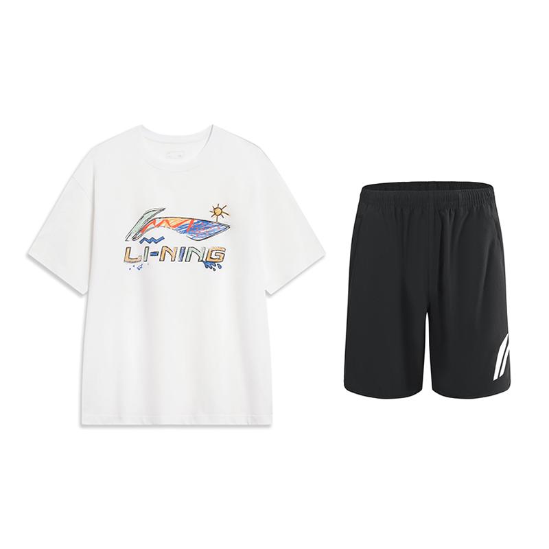 

Li-Ning Американский винтаж Ручная роспись Короткий рукав Большой логотип Шорты со средней посадкой Повседневный спортивный костюм Костюм унисекс YHSV369-1+YKSV197-2 M