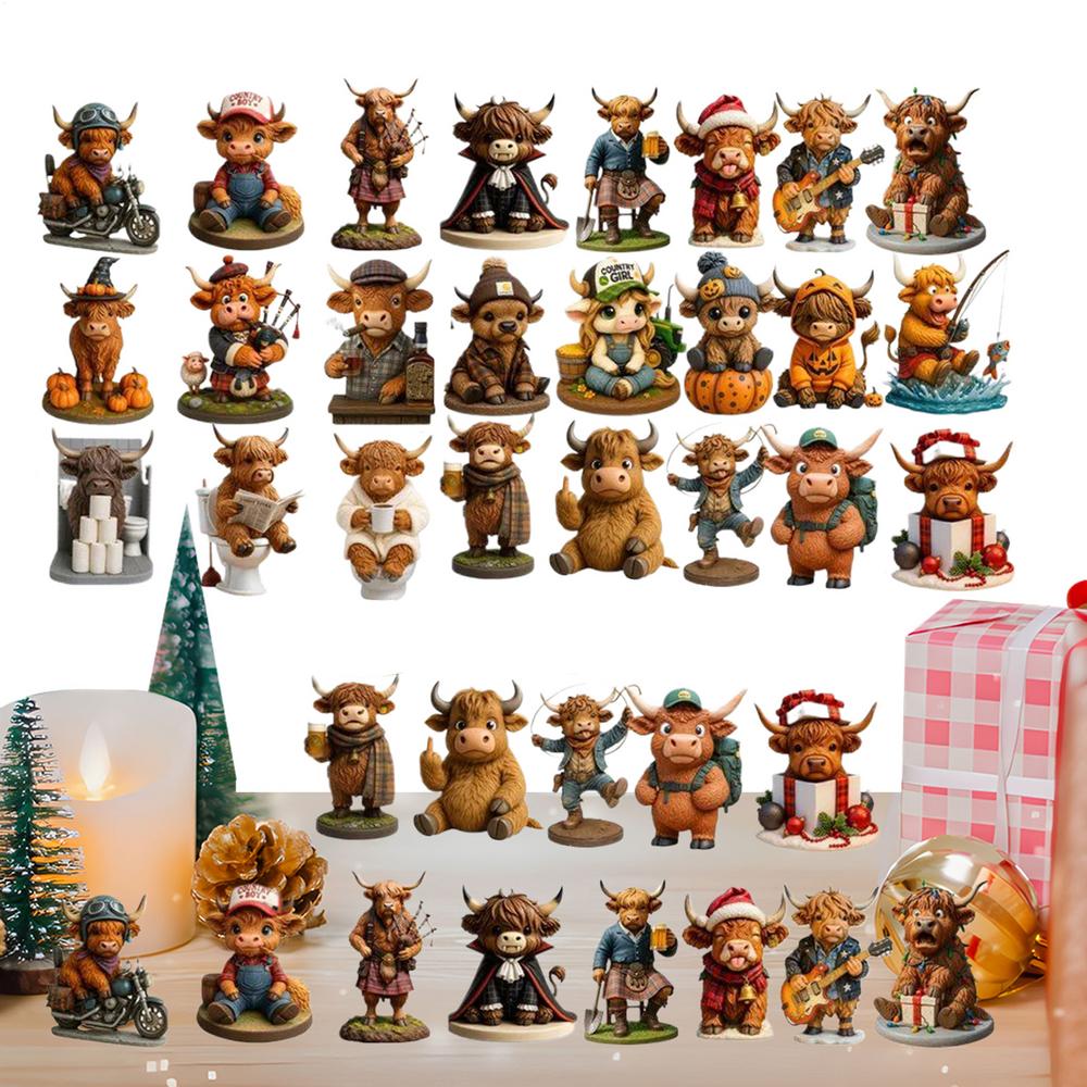 

24 Days Christmas Countdown Cute Statues 24 Pieces Cattle Ornaments for Christmas Tree 2025 for Party Door Handle Wall AS SHOW