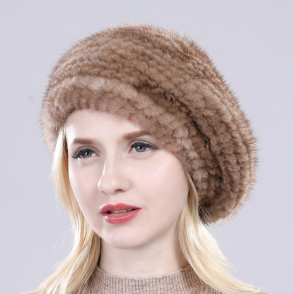Heißer Verkauf Winter Damen Natürliches Nerzfell Mützen Hut Gestrickt Warm Gestreift Echtes Nerzfell Mützen Damen Gute Elastizität Echter Nerzfell Hut