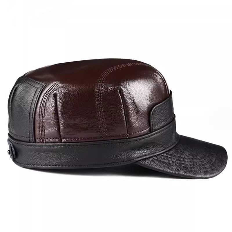 Men's Genuine Leather Flat Top Duckbill Cap - Autumn/Winter Casual Cowhide Hat for Middle-Aged and Older Adults