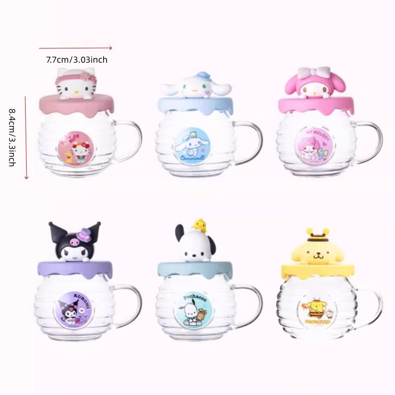 For Sanrio Hello Kitty Kuromi Melody Glass Cup Honey Cant-Shaped Water Cup for Kids 420ml Coffee Mug with Cartoon Silicone Lid