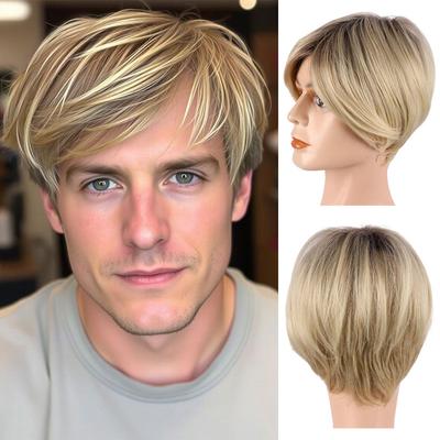 Synthetic Casual Hair Short Blonde Wig for Men Male Wig with Bangs Curly Hairstyle Natural Pixie Cut Wigs Cosplay Heat Resistant
