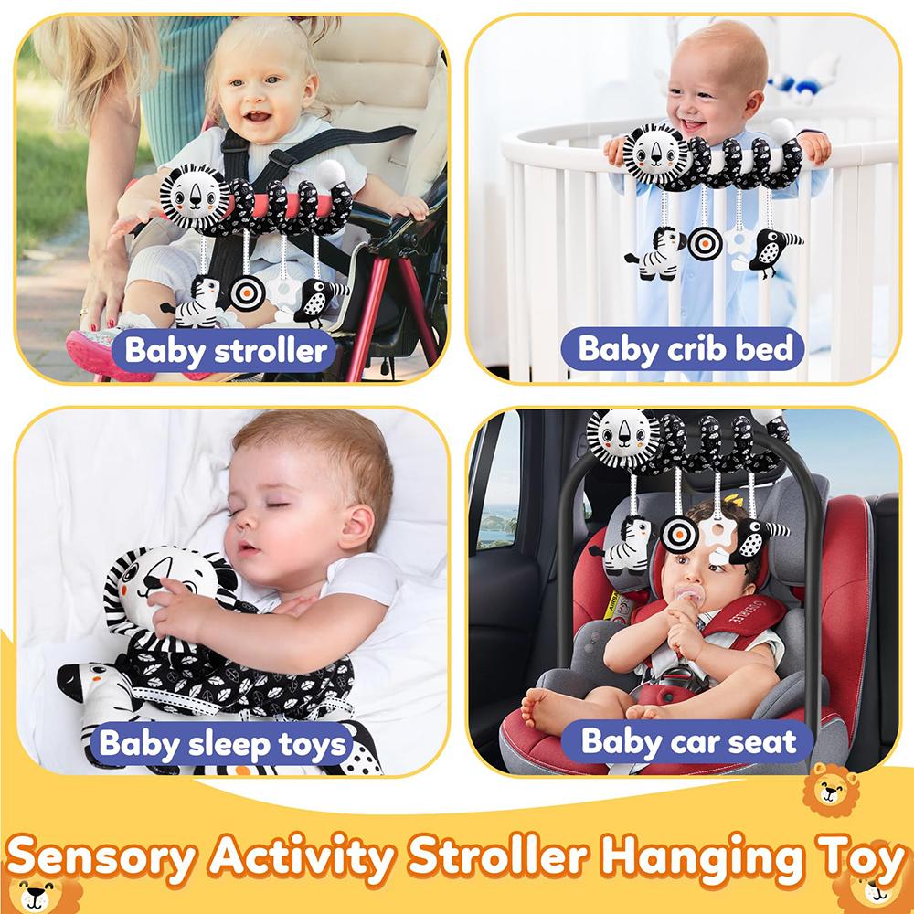 Baby Carseat Toy Black & White Lion Koala Rattle Spiral Hanging Activity Stroller Toy for Newborns Crib Mobile Sensory Toy Gifts