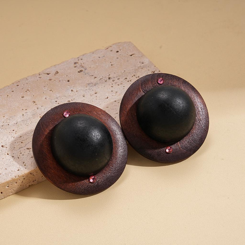 European and American Retro Wood Round Silver Needle Simple Personality Niche Earrings Simple Earrings