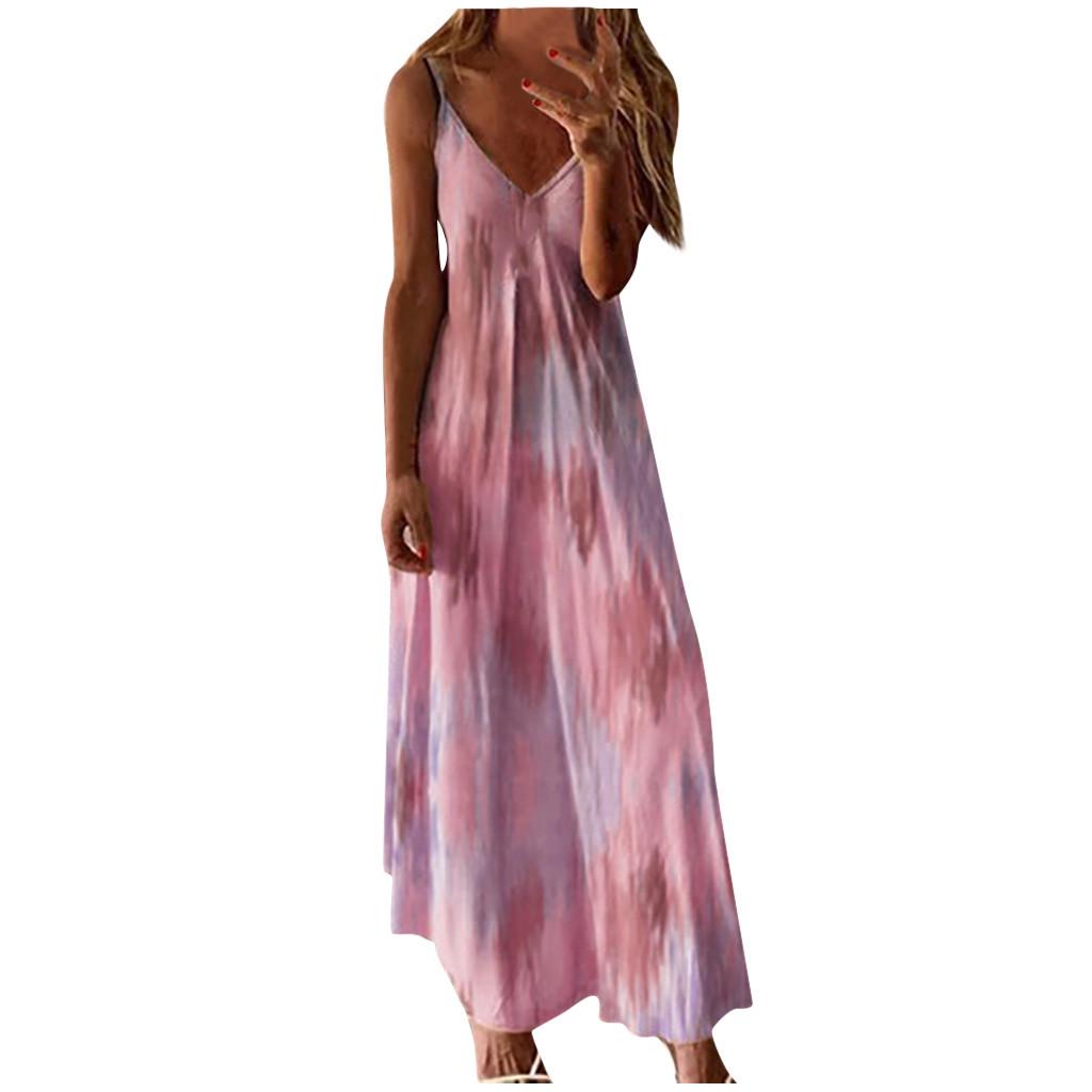 Fashion Women Sexy Plus Size Tie-dye Print Sleeveless V-Neck Camisole Long Dress