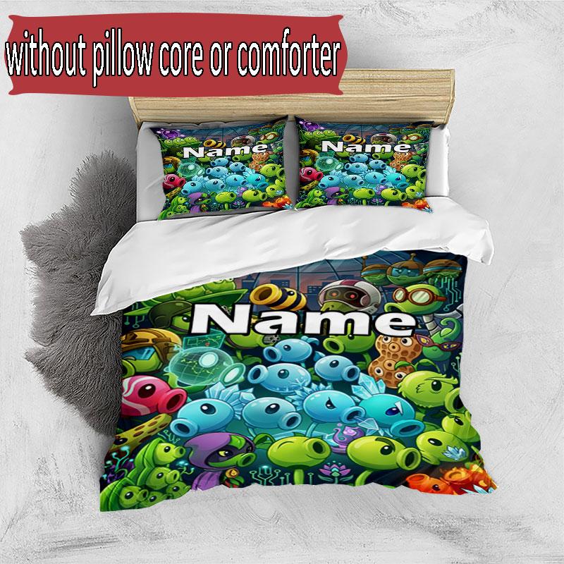 3pcs Duvet Cover Set (1*Duvet Cover + 2*Pillowcase, Without Core), Custom Name Plants VS Zombies Pattern Bedding Set, Home Bedroom Decor Gift