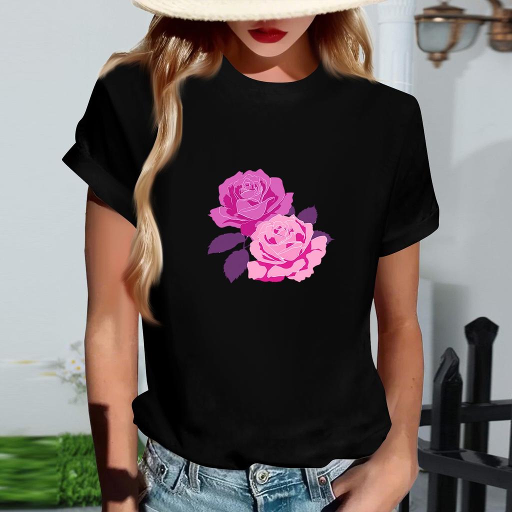 Women's Fashionable Round Neck Casual Retro Print Short Sleeved T-shirt Top
