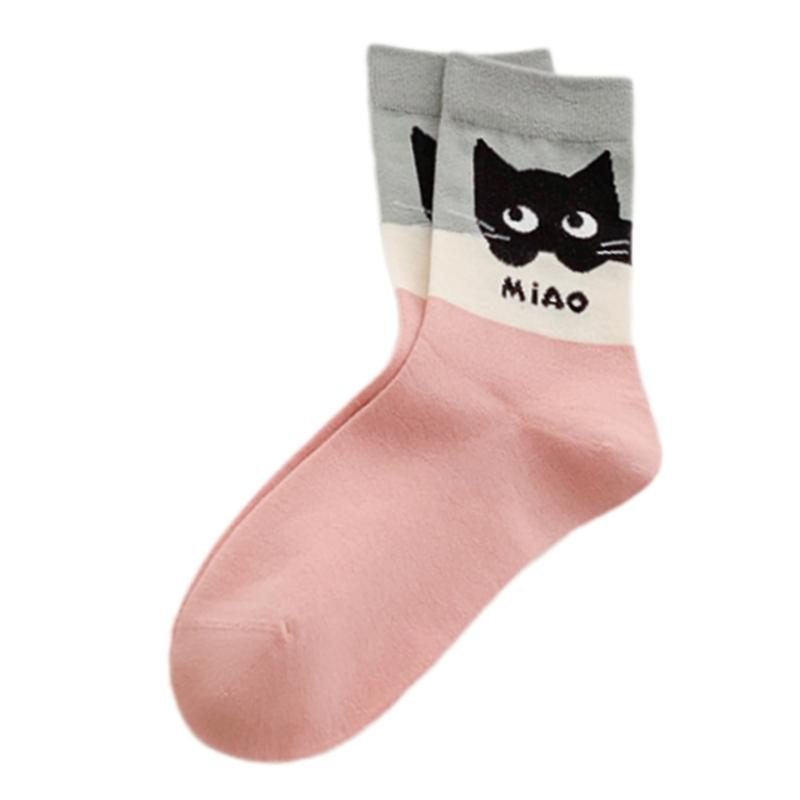 Fashionable Middle Calf Socks with Cartoon Cats Print in Soft Cotton Color Block Student Crew Socks Hosiery for Women