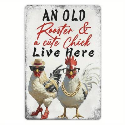 Vintage Rooster Aluminum Sign with Farmhouse Chick Design for Kitchen Wall Decor