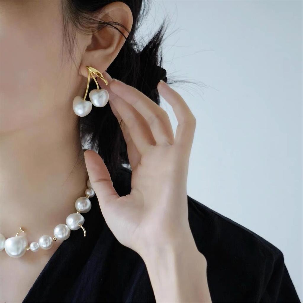 French Style Cherry Pearl Earrings Unique Cream Cherry Pearl Earrings For Sensitive Skin Daily Wear Special Occasions