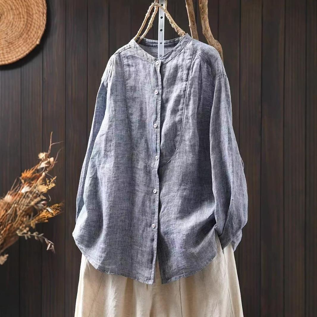 

Элегантные женские блузки, льняные рубашки, женская летняя одежда с воротником-стойкой и длинным рукавом, дизайнерская одежда One Size