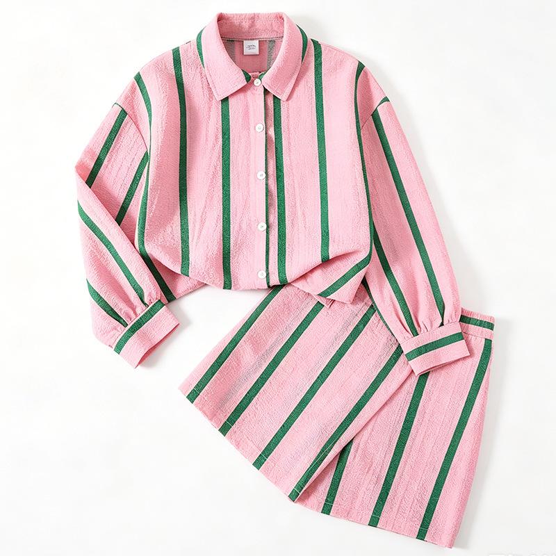 Girls' Striped Set: Spring/Fall Children's Long-Sleeve Collared Color-Block Shirt Dress and Pants Two-Piece Set