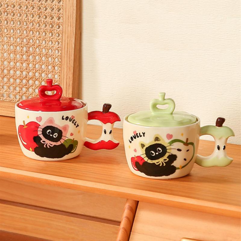 Personalized Cute Apple Cat Mug for Home Use with Lid for Couples Ceramic Mug for Office Good Looking Girl Mug