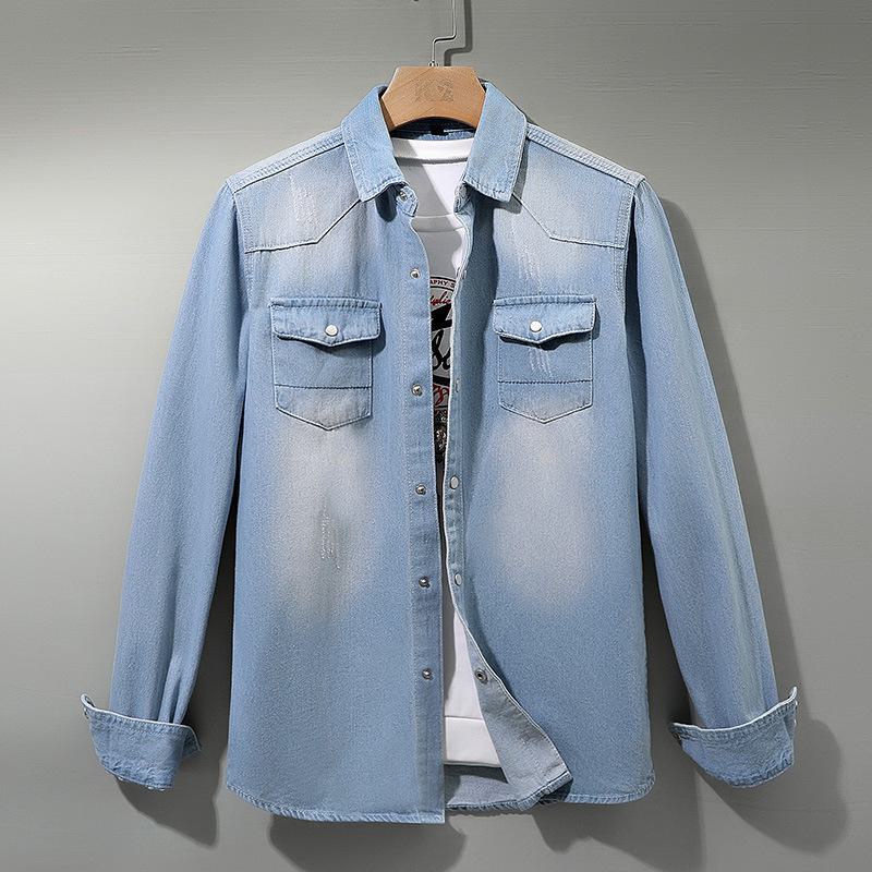 Men's Japanese Style Long Sleeve Denim Shirt Jacket - Perfect for Spring and Autumn. Loose Fitting, Versatile and Trendy Casual Wear.