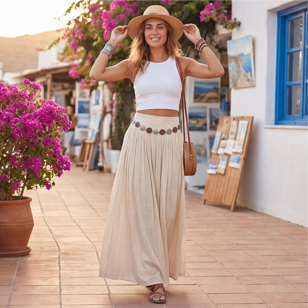 Women Elastic Waist Long Skirt Cotton Linen Blend Bohemian Style Maxi Skirt with Vintage Waist Chain for Casual Holiday Beachwear