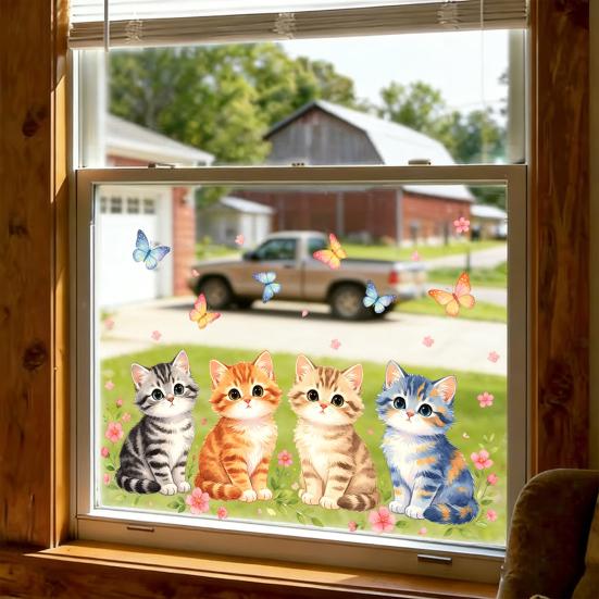 Spring Cat Window Cling Cartoon Cat Flowers Butterflies Window Sticker Reusable Static Glass Decal for Bathroom Kitchen Glass Doors