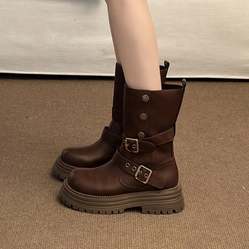 British Style Women's  New Spring and Autumn Single Boots Retro Two in One Mid Length Boots Thick Soled Black Short Boots