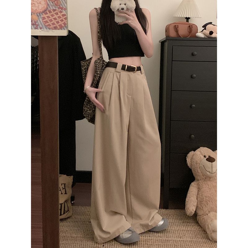 Kumikumi Solid High Waist Loose Casual Pants Wide Leg Pants Women Clothes Autumn Drape All-Match Straight Pants Mopping Pants