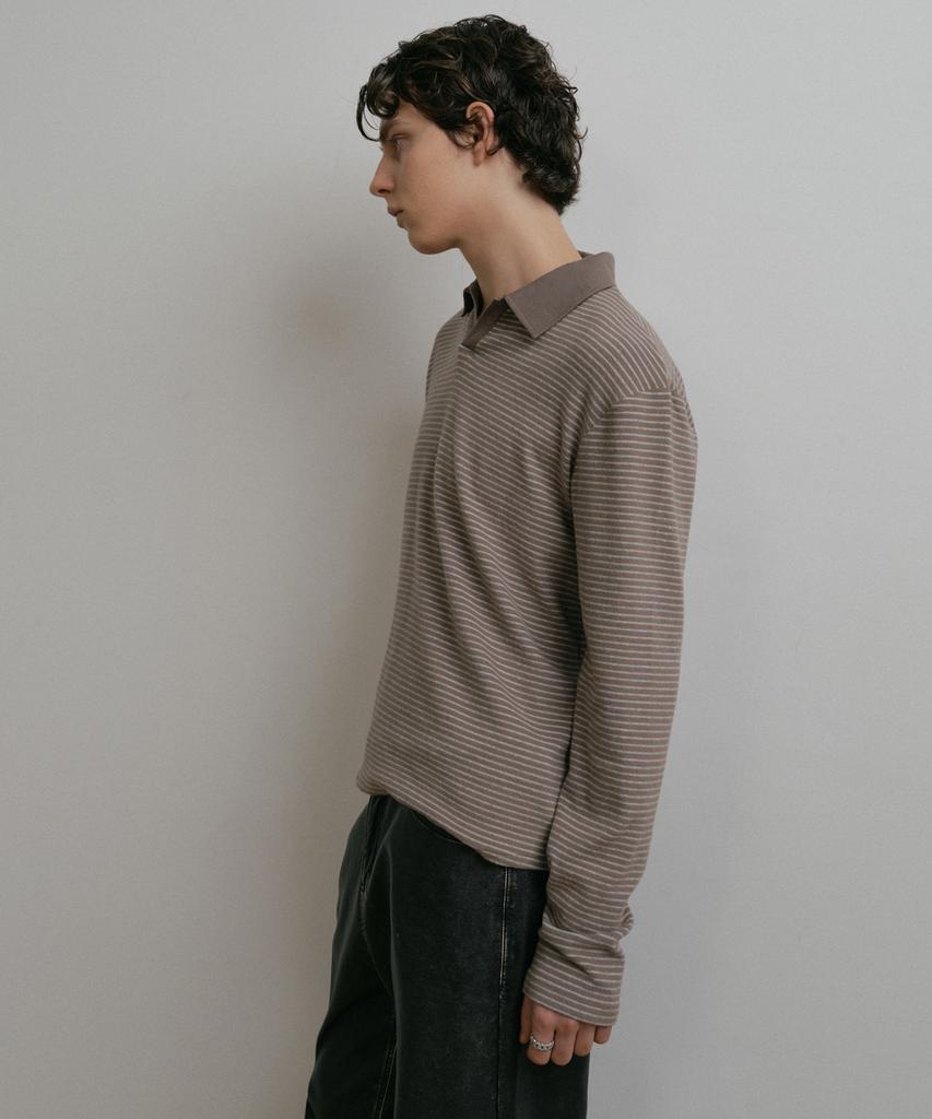 DUSTYWHITE Gray Boucle Striped Textured Collar T Shirt