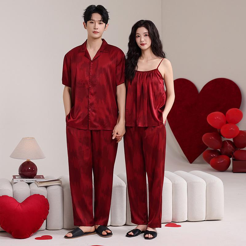 New Year's Burgundy Couple Pajamas Women's Chest Pad Set Summer Ice Silk Short Sleeve Suspender Pants Festive Men's Loungewear