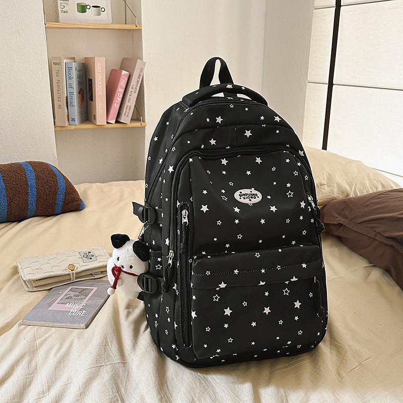 Star Pattern Simple Student Backpack With Plush Pendant For Casual Daily