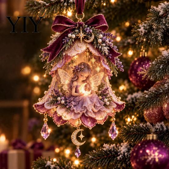 Stunning Fairy Tale Hanging Decor Bell Christmas Ornament, 2D Flat Flower Elegant Ornaments for Stores Decoration, Acrylic Xmas Tree Pendant