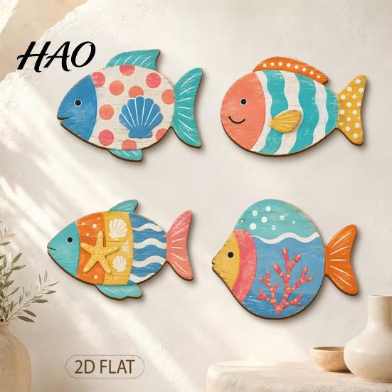 Coastal Wall Art Decor 4PCS Aspen Wood Fish Decor, Colorful Hanging Children Room Nautical Art, Beach Theme Decorative Plaques for Bathroom Living