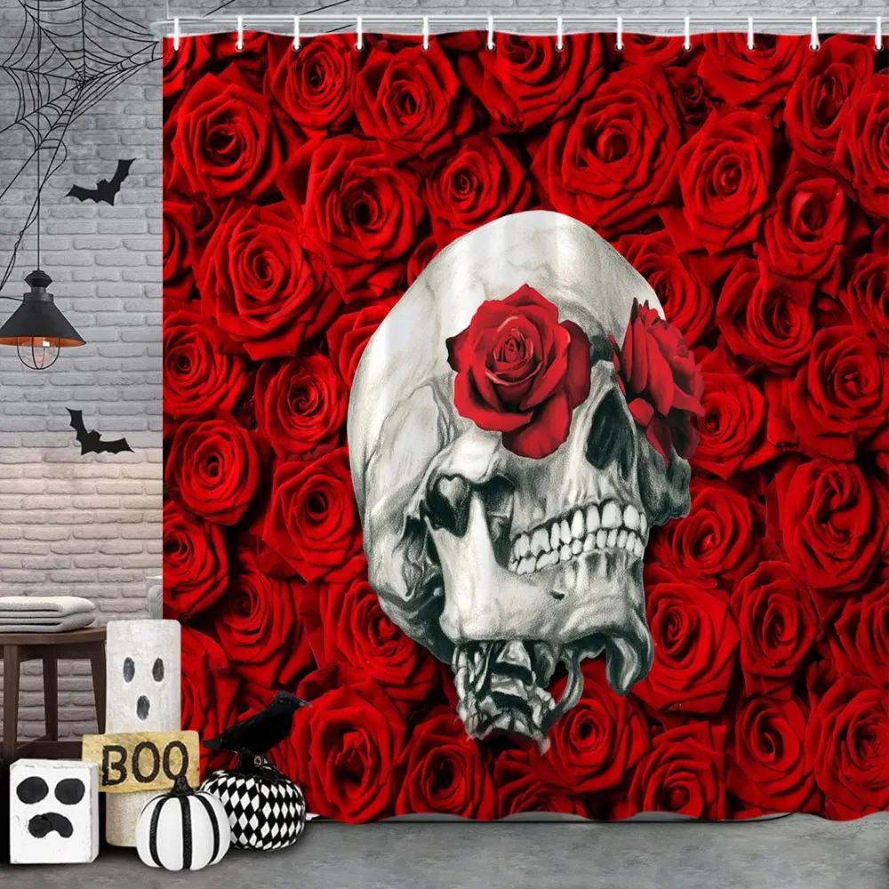Halloween Shower Curtain, Cartoon Funny Skull Skeleton Dancing Bathroom Decor Curtains Halloween Party Retro Bath Curtain Fabric