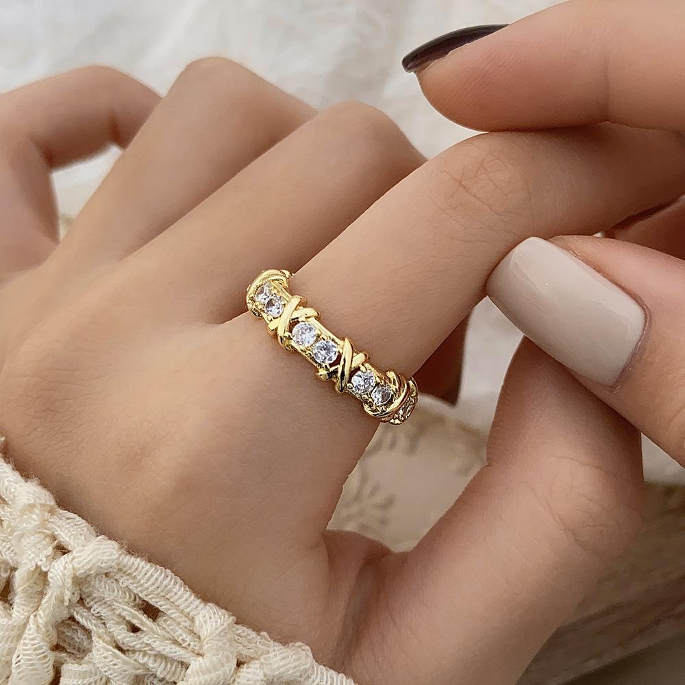 ZAKOL Brand Fashion Letter X Cross Open Ring for Women Clear Geometric Zircon Engagement Rings Wedding Party Zircon