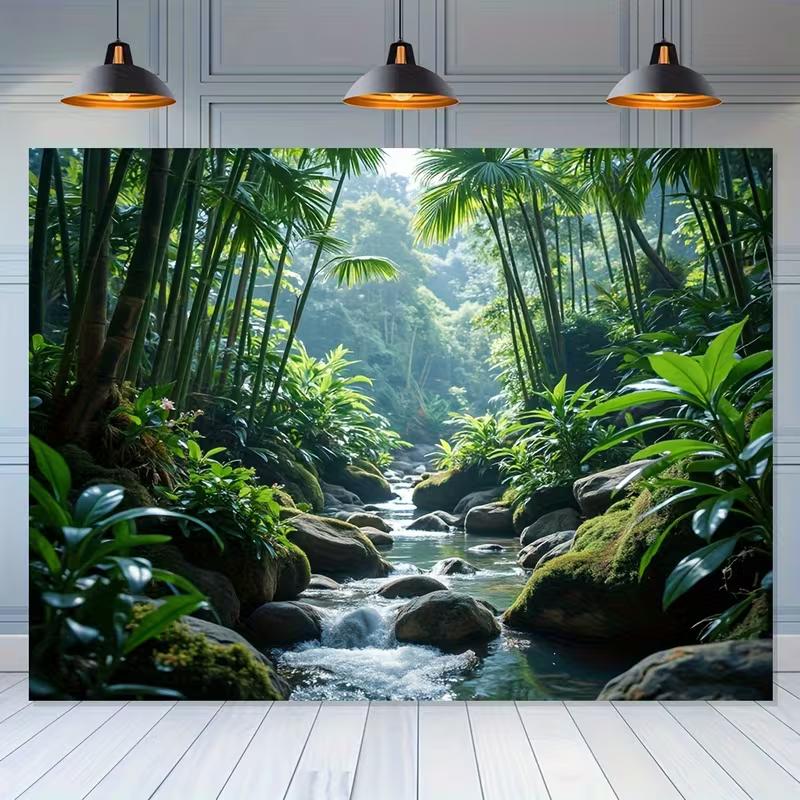 

2D Nature Forest Stream Backdrop, Bamboo & Palm Tree Rainforest with Mossy Rocks Background 47.2x31.5inch/120*80cm