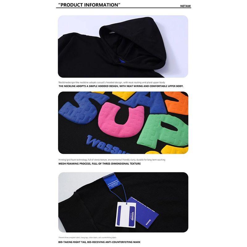 Wassup Trendy American-Style Heavyweight Letter Foam Sweatshirt for Men, Autumn and Winter Loose Fit Versatile Hooded Top Jacket