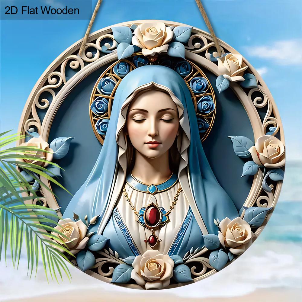 Elegant Wooden Sign with Our Lady Pattern, Unique Round Sign for Wall Front Door Hanging Decor, Ideal Festival Ornament