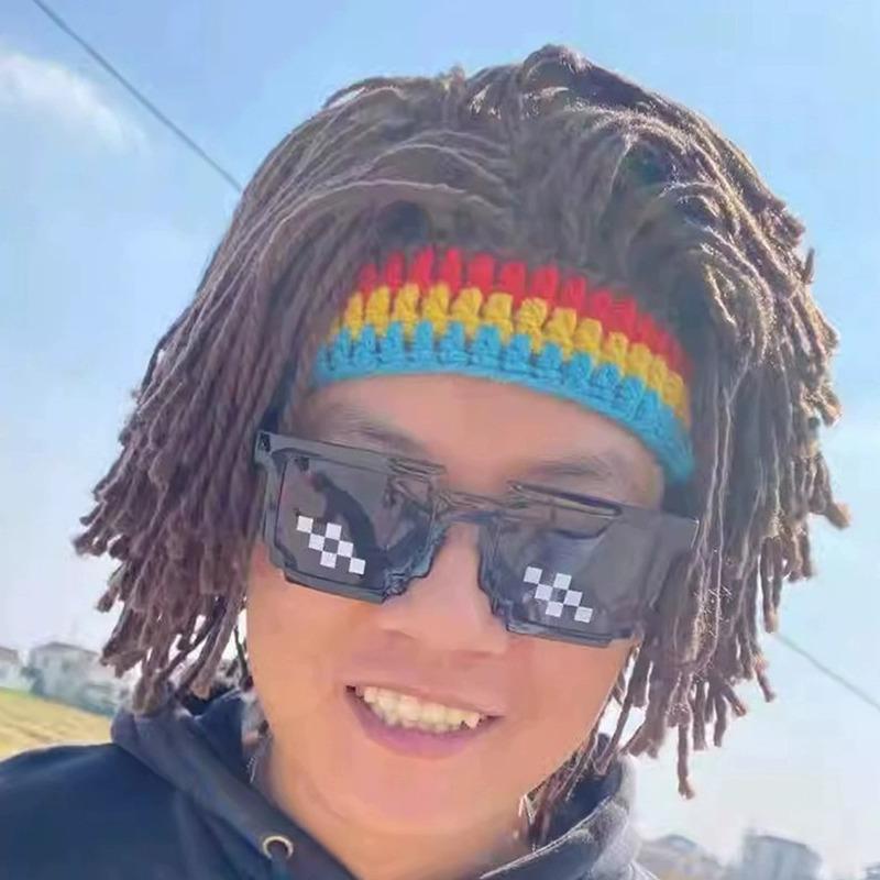 Men Women Synthetic Wig False Braid Dreadlocks Beanie Cap Handmade Crochet Hat Cosplay Party Headwear Warm Knitted Wig Hat