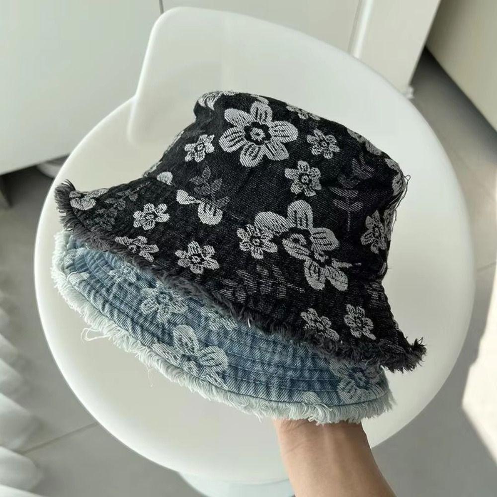 Flower Embroidered Denim Fisherman Hat Frayed Brim Sunscreen Sun Cap Cowboy Bucket Hats  Travel