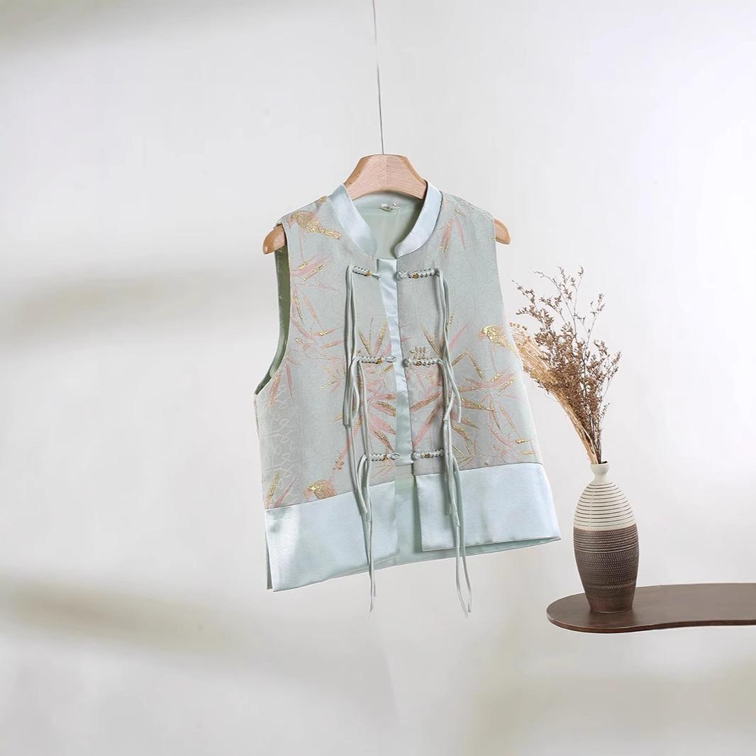 

Весенняя одежда 2025 года, жилет с жаккардовым узором в стиле ретро, топ без рукавов, женский верхний жилет XXXL [Recommended 138-75kg] синий