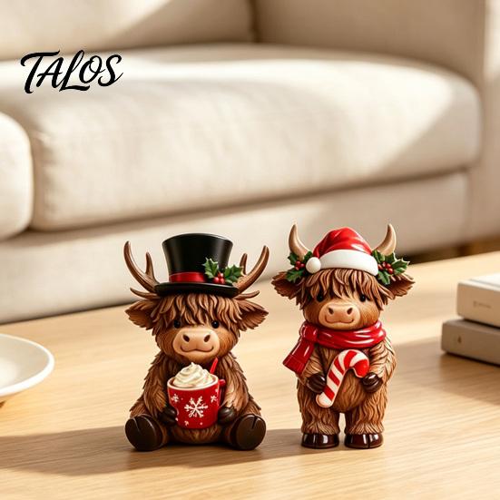Unique Holiday Home Soft Furnishings 2Pcs Christmas Highland Cow Figurines, Resin Santa Reindeer Cow, with Hat, Detailed Animal Craft Hot Cocoa, Decor