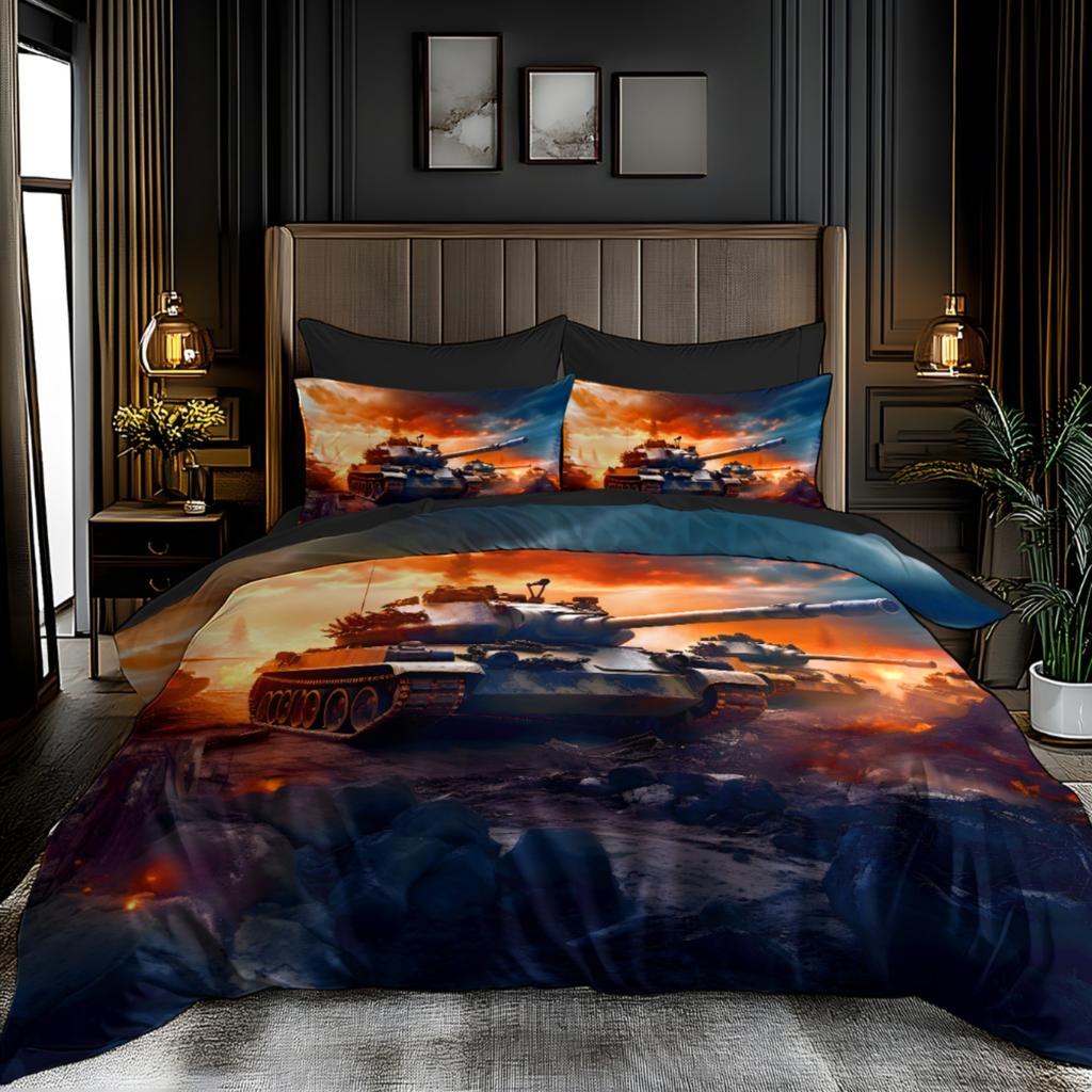 Bedding Digital Printed Quilt Cover Set Featuring a 3D Three-dimensional Tank Pattern. Super Soft Brushed Digital Printed