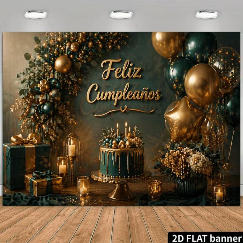 

2D Emerald Green Gold Birthday Backdrop, Feliz Cumpleaños Photography Background 47.2x31.5inch/120*80cm