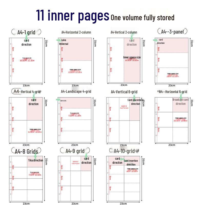 Transparent A4 and A5 Card Album Refills: 4-Pocket, 9-Pocket, 4-Inch Photo Pages