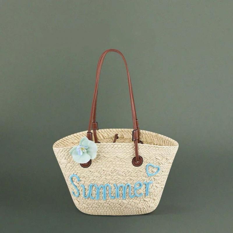 Hand-knitted Women s Handbag Large-capacity English Letters Fashionable Beach Vacation Hand-held Straw Bag 50x24x18