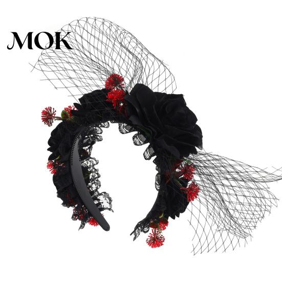 Hairband Halloween Rose Flower Headband for Women Gothic Black Lace Red Hair Accessories Hairbands Lolita Headwear Masquerade Cosplay Party Accessory