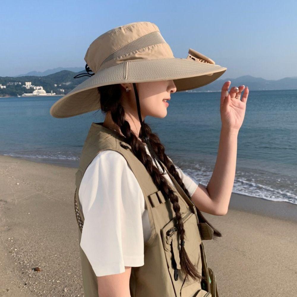 New Wide Brim Solar Fan Hat Upf50+ Breathable Sunshade Cap Summer 3-Speed Bucket Hat Beach