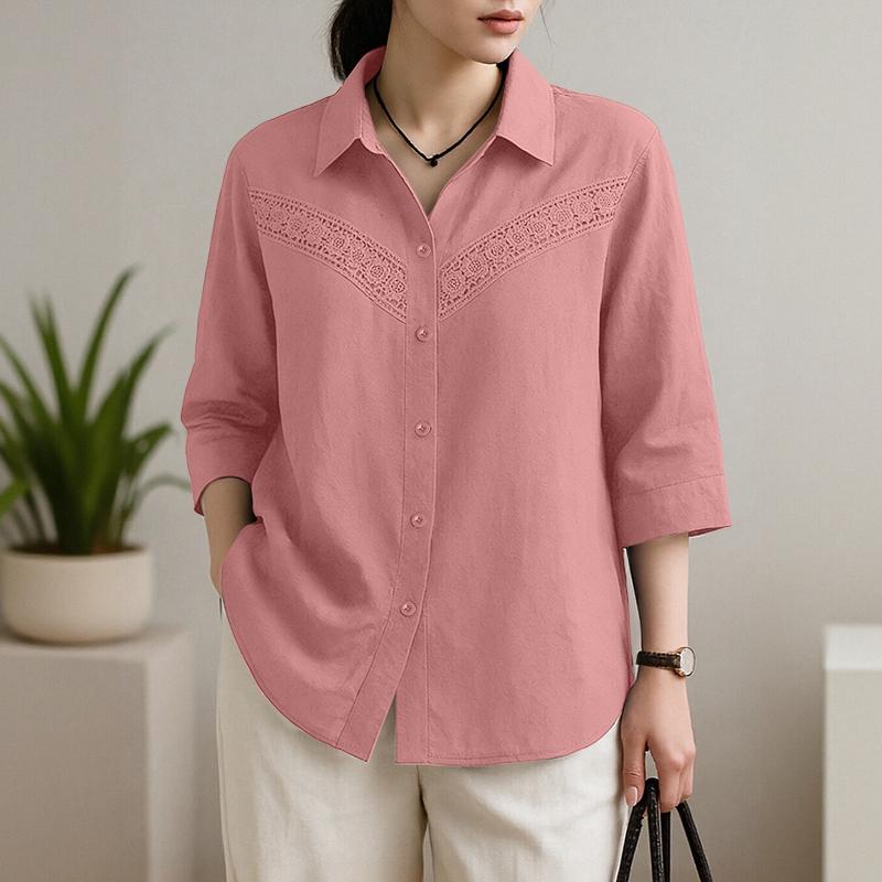 ZANZEA Women Lace Patchwork Casual Turn Down Collar Loose 3/4 Sleeve Blouse