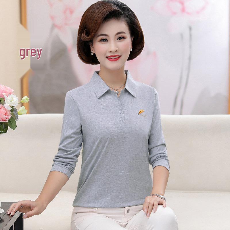 

Autumn Pure Cotton Lapel Polo Shirt for Middle-Aged Women - Plus Size, Long-Sleeved, Embroidered Design 2XL (115-130 jin)