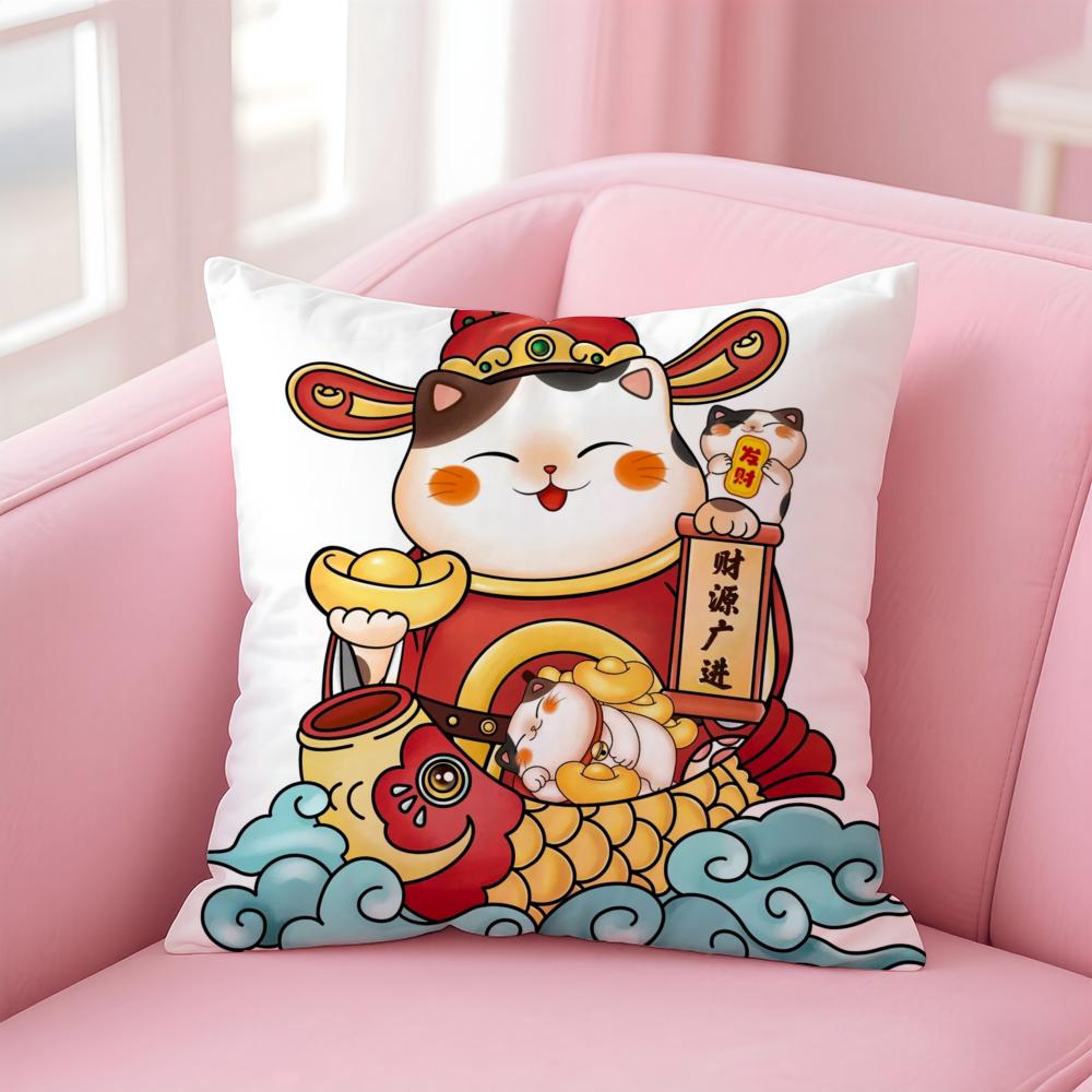 Rich Luck Maneki  neko Cushion Cover Linen Pillowcase Cover Soft Decor for Sofa Home Room