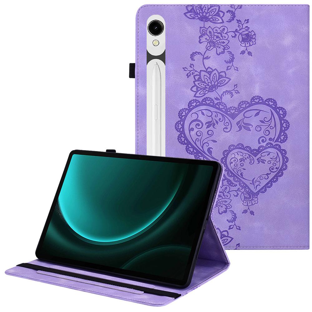 Leather Case For Samsung Galaxy Tab S10 Lite/S10 FE/S9 FE/S9 Heart Imprint Foldable Stand Card Slot Stylus Holder Tablet Cover