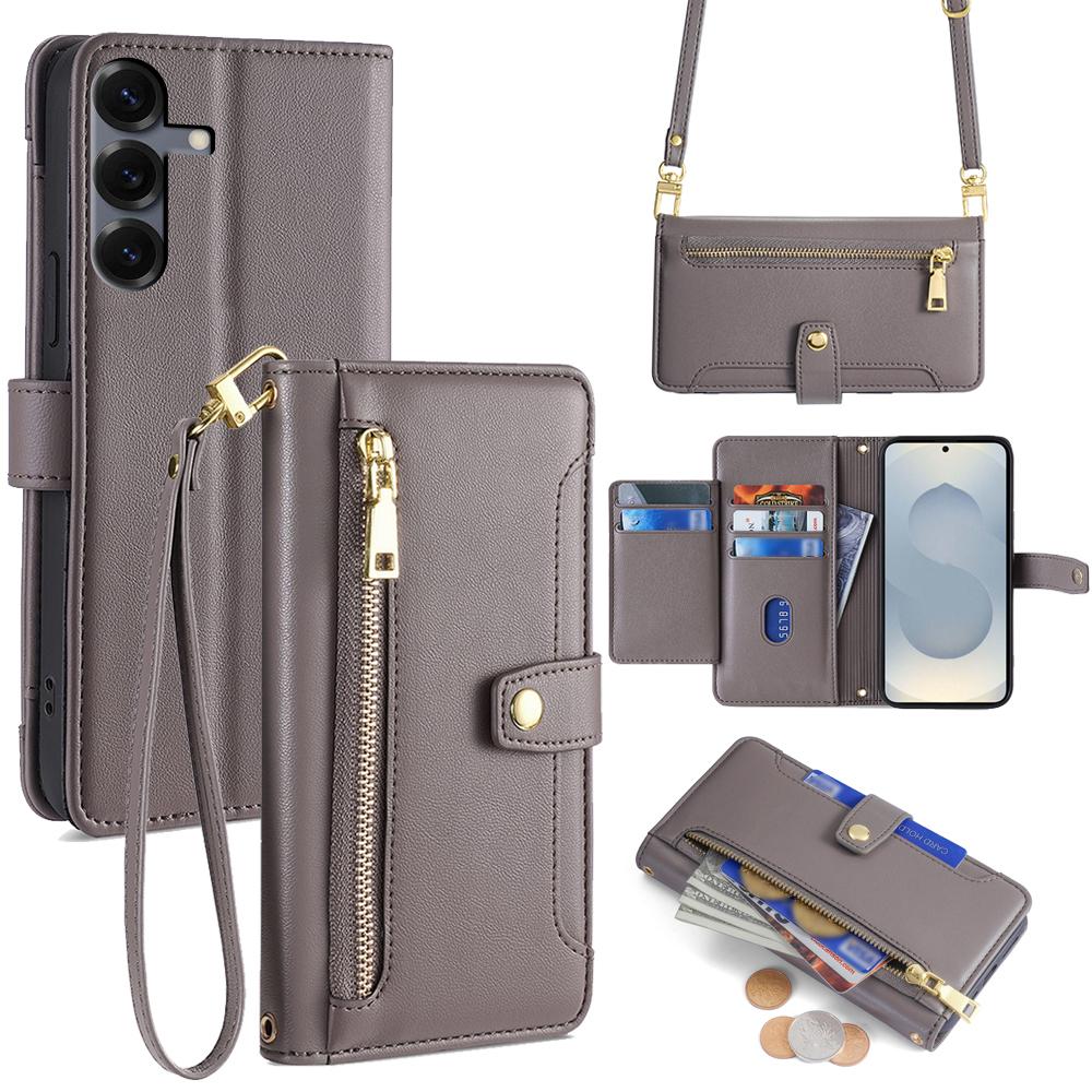 For Samsung Galaxy S25 Leather Case Zipper Pocket Wallet Phone Cover with 2 Straps